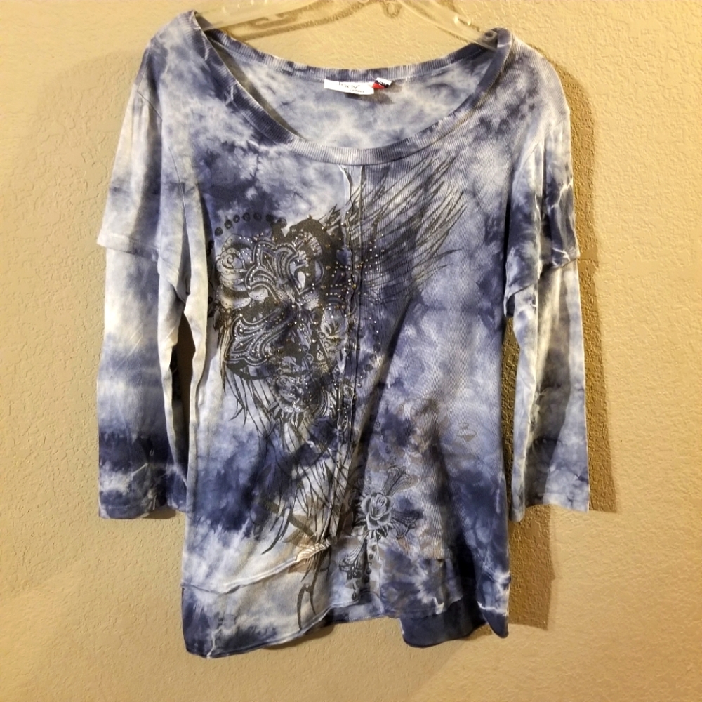 Jody of California Womens Vintage Blue Tie Dye Floral Top Embellished Medium